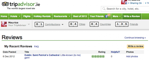 My TripAdvisor profile - containing a single lonely review - does not capture my full travelling experience.